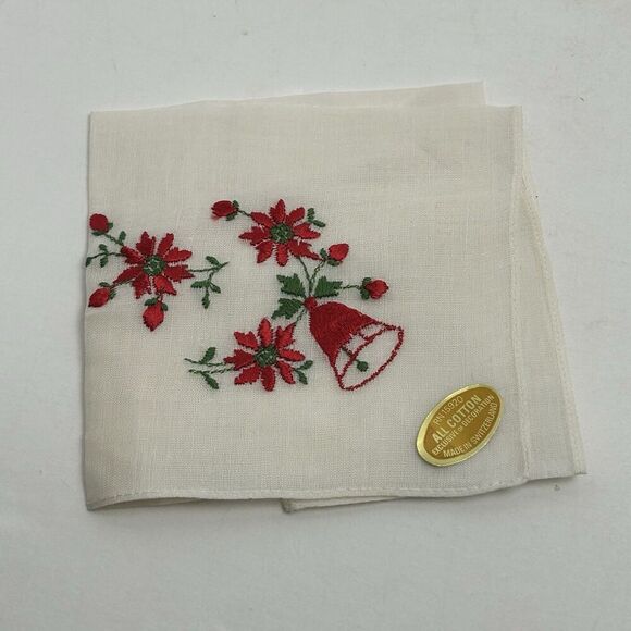 VTG Poinsettia Hankie Christmas Embroidered Handkerchief Linen Switzerland - Picture 1 of 4